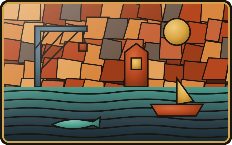 Stained-glass harbor scene with a rusted crane, a red harbor office, a sailing boat and a bass in the water