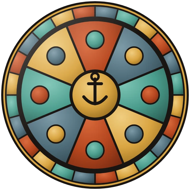 A round stained-glass window in rust, steel, verdigris and gold with an anchor at its centre
